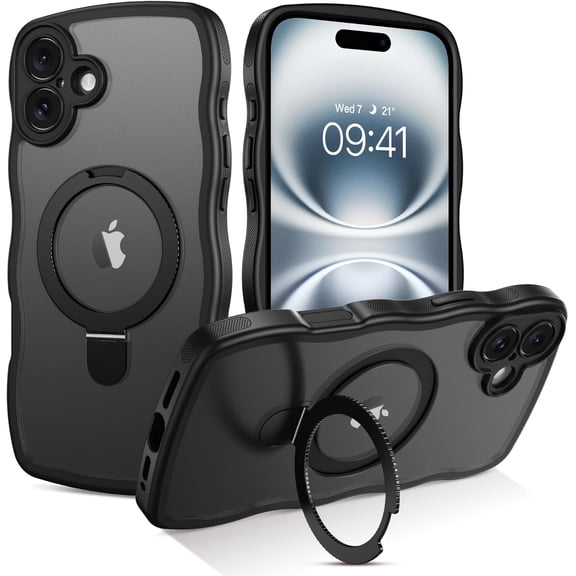 for iPhone 16 Case with Invisible Kickstand, [Compatible with Magsafe] Curly Wave Frame Design Magnetic Phone Case iPhone 16 Shockproof Protective Cover for iPhone 16 6.1", Black