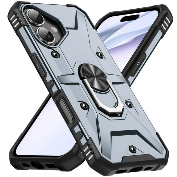for iPhone 16 Case with Invisible Ring Stand, Military Grade Drop Protection Support Car Mount Holder, Heavy Duty Shockproof Phone Cover for iPhone 16, Gray