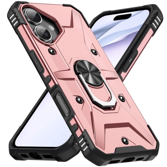 for iPhone 16 Case with Invisible Ring Stand, Military Grade Drop Protection Support Car Mount Holder, Heavy Duty Shockproof Phone Cover for iPhone 16, Rosegold