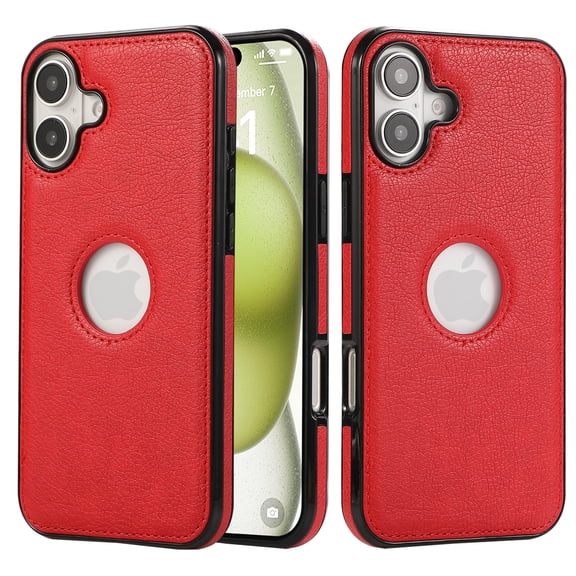 iPhone 16 Case with Logo Hole, Premium PU Leather + TPU Slim Fit Shockproof Anti-Scratch Heavy Duty Protection Rugged Phone Case for Apple iPhone 16, Red