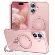for iPhone 16 Case, Luxury 360  Rotating Magnetic Ring Kickstand Anti-Scratch Wireless Charging Shockproof Protective Ultra Slim Back Cover for iPhone 16, Pink