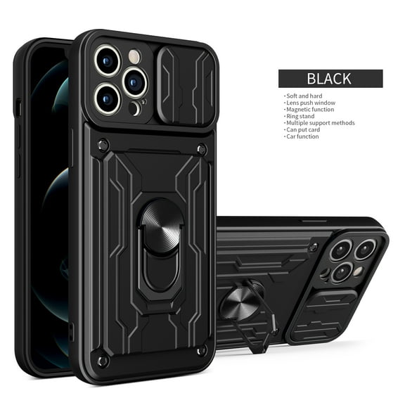 for iPhone 16 Case, Luxury Ultra-thin Sliding Cover Protection Case Finger Ring Kickstand Magnetic Car Holder Built-in Card Slot Shock Resistant Armor Case for iPhone 16, Black