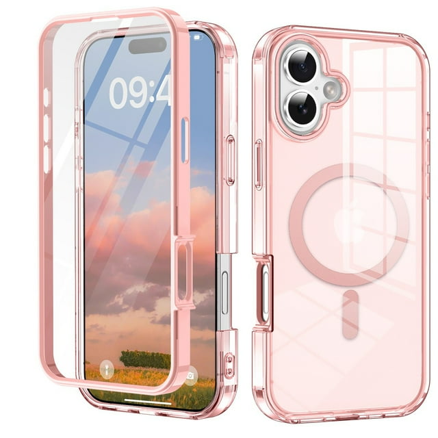 for iPhone 16 Case Magnetic, [Compatible with Magsafe] Built-in Screen Protector Shockproof Dustproof Crystal Clear Anti-Scratch Folio Flip Phone Case for iPhone 16, Pink