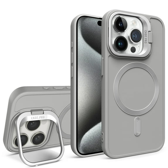 iPhone 16 Case Magnetic, Compatible with Magsafe & Car Mount Camera Lens Kickstand Drop Protection Shockproof Anti-Scratch Rugged Phone Case for Apple iPhone 16, Gray