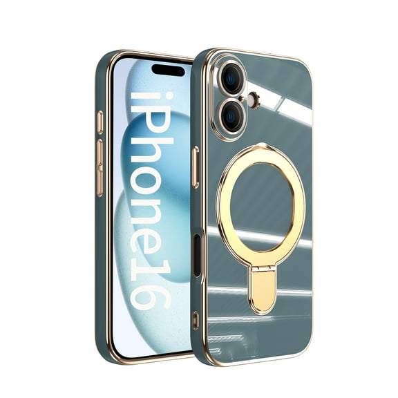 for iPhone 16 Case with Magnetic Stand, [Compatible with MagSafe] [Ring Holder Kickstand] Plating TPU Shockproof Protective for iPhone 16 Phone Case for Women Men, Grayblue