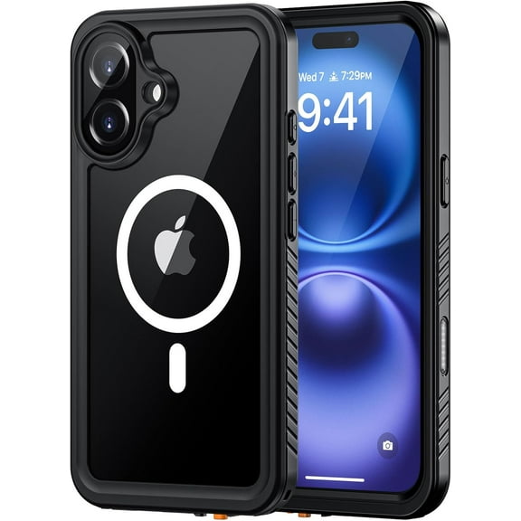 for iPhone 16 Case Magnetic, Waterproof Dustproof Cover [Built in Screen Protector] [Compatible with MagSafe], Full Body Heavy Duty Protective Phone Case for iPhone 16-6.1” (Black/Clear)