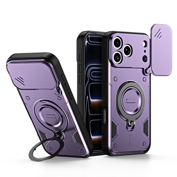For iPhone 16 Case, Military Grade Heavy Duty Shockproof Cover with Slide Camera Lens Protection 360° Rotatable Ring Magnetic Kickstand, Rugged PC & TPU Dual Layer Bumper,Purple