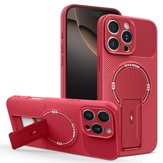 for iPhone 16 Case, PC + TPU Carbon Fiber Design, Compatible with MagSafe, Luxury Magnetic Lightweight Shockproof Ultra Slim Protective Cover with Bracket, for iPhone 16, Red