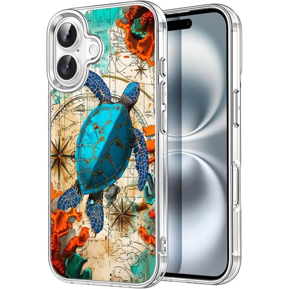 for iPhone 16 Case Phone Case Clear 2024 6.1",Military Grade Scratch Hard PC and Soft TPU Dual Layer Shockproof Protection Cover | Nautical Charts Turtle
