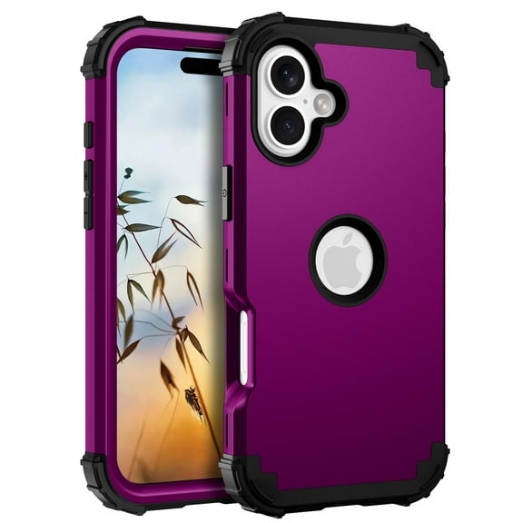 for iPhone 16 Case, Phone Case iPhone 16, Heavy Duty 3 in 1 Full Rugged Shockproof Hybrid Hard PC Soft Rubber Bumper Corner Drop Protection Grip Girls Women Boys Men,Purple