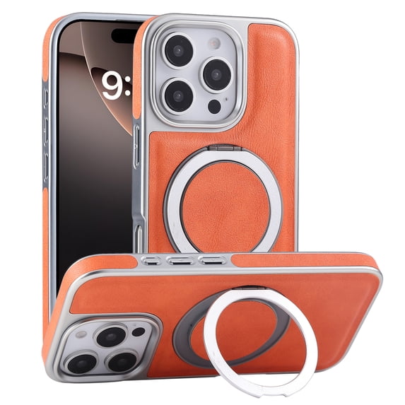 for iPhone 16 Case, Plating PU Leather Magnetic Mag-Safe Phone Case with Built-in 360° Rotatable Ring Stand Shockproof Protective Kickstand Phone Case for iPhone 16, Orange