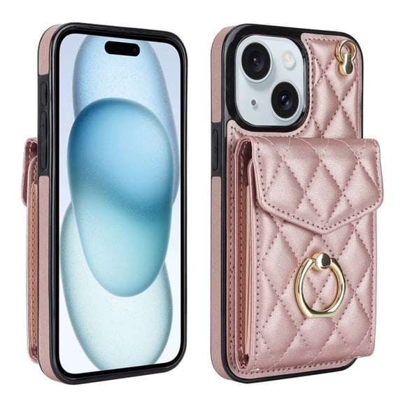 For iPhone 16 Case Premium PU Leather Accordion Folding Wallet &Card Holder With RFID Shielding Material Phone Case With Adjustable Ring Holder And Detachable Crossbody & Wrist Strap,Rose gold