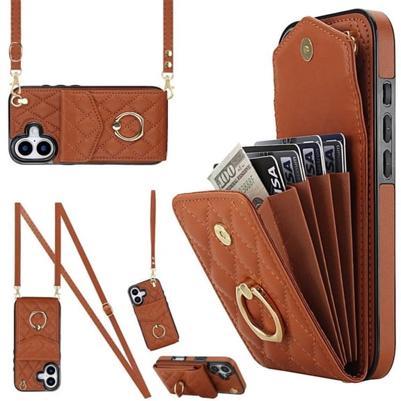 For iPhone 16 Case Premium PU Leather Accordion Folding Wallet &Card Holder With RFID Shielding Material Phone Case With Adjustable Ring Holder And Detachable Crossbody ＆ Wrist Strap,brown