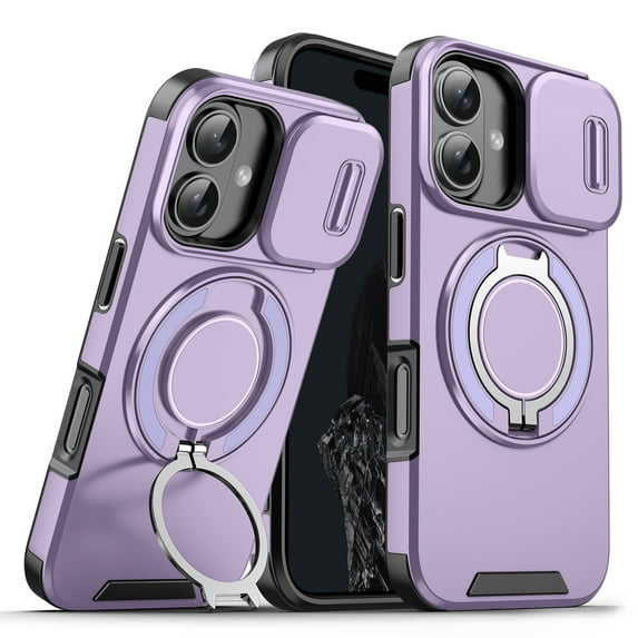 for iPhone 16 Case with Rotate Ring Holder Stand & Sliding Camera Lens Cover, Shockproof Rugged Drop Protection Heavy Duty Phone Case Compatible for iPhone 16, Purple