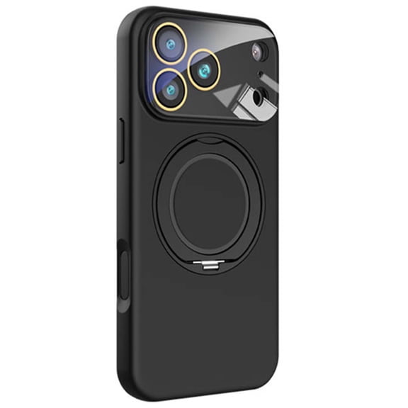 for iPhone 16 Case with Rotated Ring Holder Stand, Support Wireless Charging, Camera Lens Protector, Shockproof Slim Hybrid PC Liquid Silicone Phone Case for iPhone 16, Black