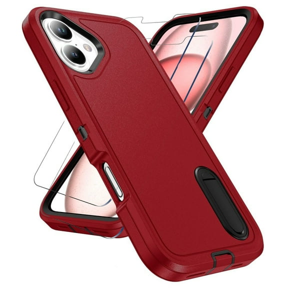 For iPhone 16 Case With Screen Protector(2pcs) Military Grade Dual Layer Shockproof Phone Case Build With Kickstand Dustproof Drop Proof Protective Cover for iPhone 16 6.3"(Red/Black)