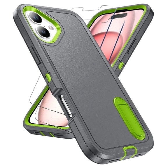 For iPhone 16 Case With Screen Protector(2pcs) Military Grade Dual Layer Shockproof Phone Case Build With Kickstand Dustproof Drop Proof Protective Cover for iPhone 16 6.3"(Gray/Green)