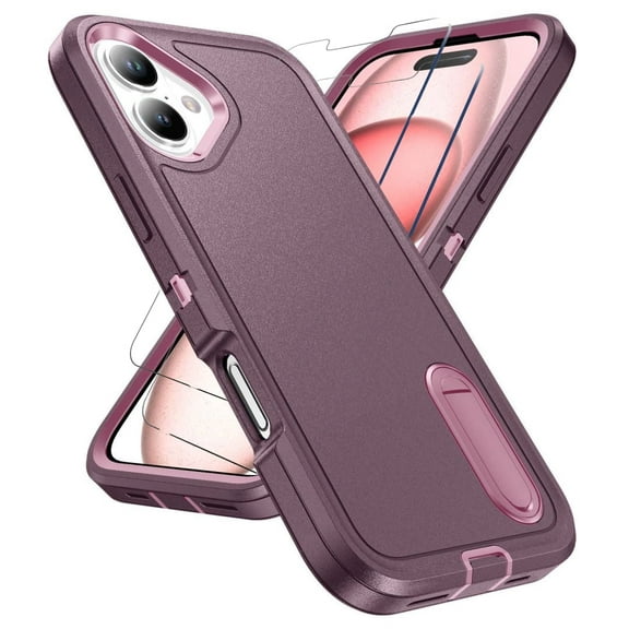 For iPhone 16 Case With Screen Protector(2pcs) Military Grade Dual Layer Shockproof Phone Case Build With Kickstand Dustproof Drop Proof Protective Cover for iPhone 16 6.3"(Purple/Pink)