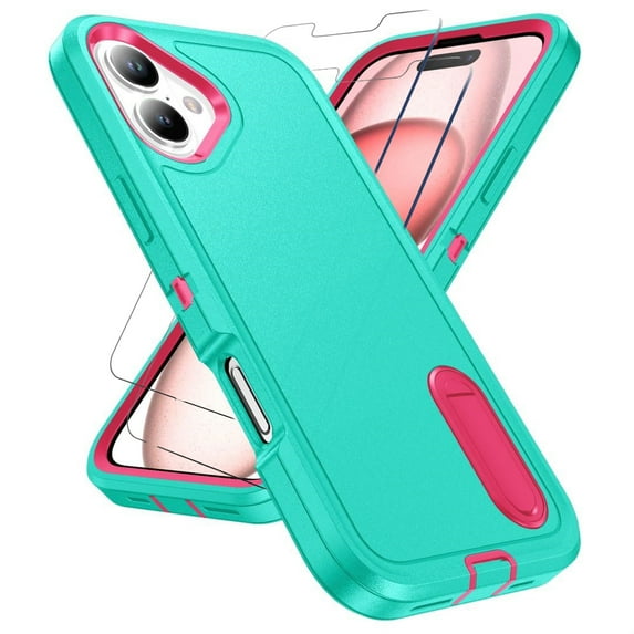 For iPhone 16 Case With Screen Protector(2pcs) Military Grade Dual Layer Shockproof Phone Case Build With Kickstand Dustproof Drop Proof Protective Cover for iPhone 16 6.3"(Light Blue/Pink)