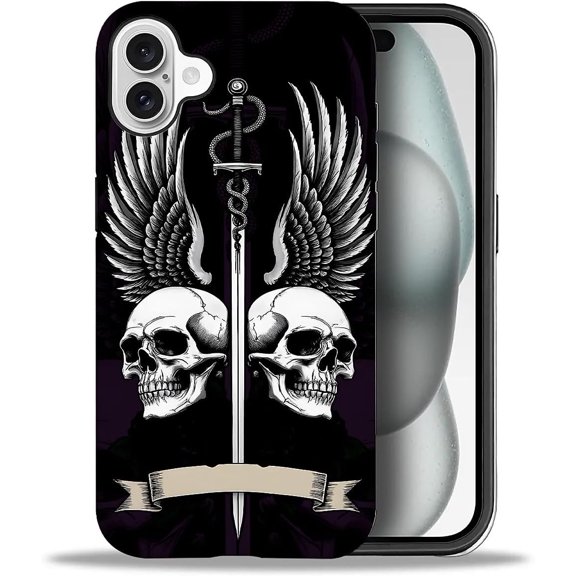 for iPhone 16 Case, Skull Sword Wings Pattern Print Matte Phone Case Funny Liquid Silicone Case Impact Resistant Anti-Scratch Shockproof Protective Cover