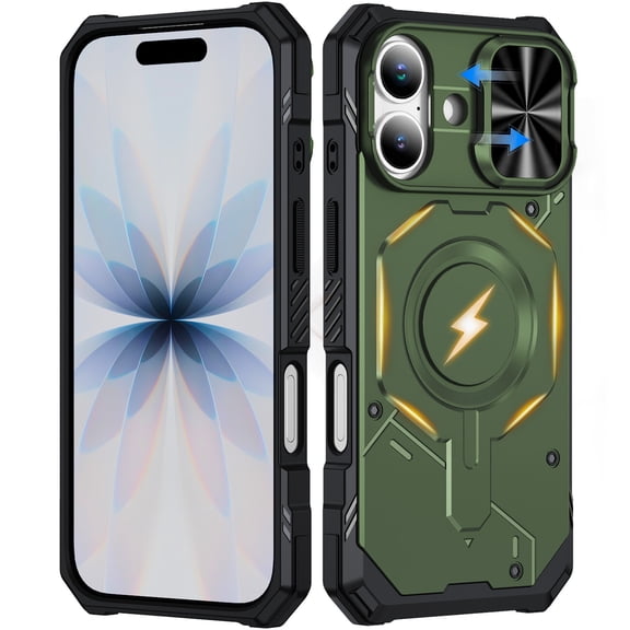 for iPhone 16 Case with Sliding Camera Cover, Compatible with MagSafe, Rugged Shockproof Bumper Cases Heavy-Duty Magnetic Protective Phone Cover for iPhone 16, Armygreen