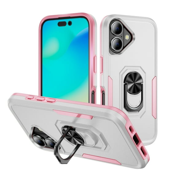 for iPhone 16 Case, Slim Fit Military Grade Drop Tested Dual Layer Shockproof Case with 360 Ring Holder Kickstand Protective Rugged Car Magnetic Non-Slip Phone Case,White+Pink