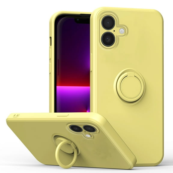 For iPhone 16 Case, Slim Silicone | 360° Ring Holder Kickstand | Support Car Mount | Soft Gel Rubber Hybrid Bumper For iPhone 16 Phone Cover for Girls Women,Yellow