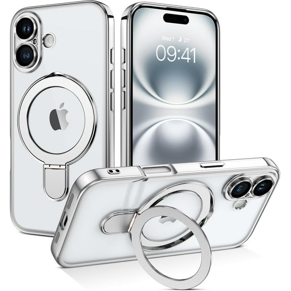 for iPhone 16 Case with Stand, Magnetic Clear Plating Edge iPhone 16 Cases Invisible Foldable Ring Holder Slim Shockproof Protective Kickstand Case for iPhone 16 6.1 inch, Silver