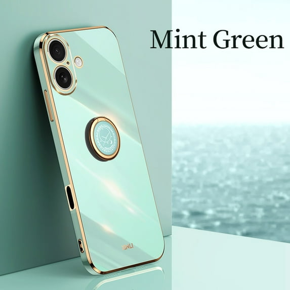 for iPhone 16 Case with Stand Rotatable Ring Holder Kickstand Gold Plating Slim Cover for Women Men Anti-Scratch Shockproof Protective Phone Case for iPhone 16, Green