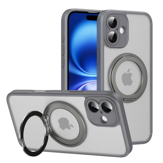 for iPhone 16 Case with Stand, Support Magnetic Wireless Charger, Translucent Back, Magnetic Ring Holder & Protective Bumpers, Non-Yellowing Case with Camera Control Capture Button - Gray