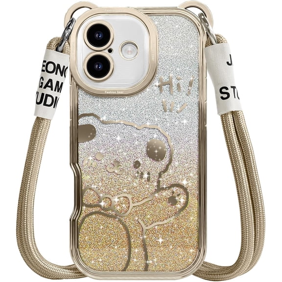 For iPhone 16 Case with Strap, Cute Cartoon Bear Sparkle Bling Pattern with Crossbody Lanyard Glitter for Women Girls, Soft TPU Shockproof Cover for iPhone 16