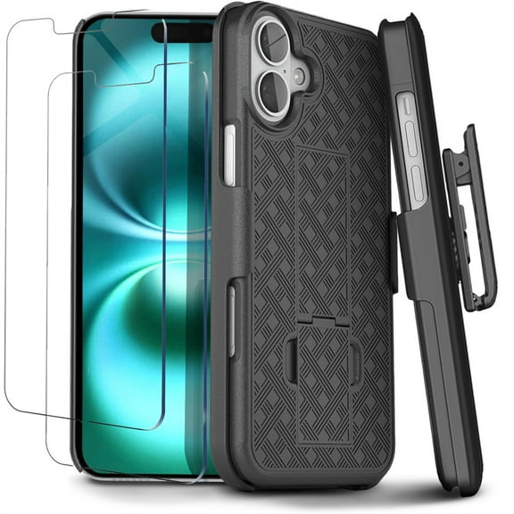 for iPhone 16 Case with Tempered Glass Screen Protector(2pcs)Belt Clip Holster Rugged Combo Armor Shell Kickstand Swivel Shockproof Cover For iPhone 16 6.3"(Black)