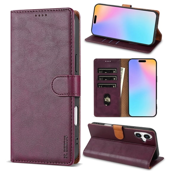for iPhone 16 Case Wallet,3 Card Slots Holder [RFID Blocking] Soft PU Leather Cover,Shockproof Protective Magnetic Flip Stand Solid Color Business Style Luxury Cases,Winered