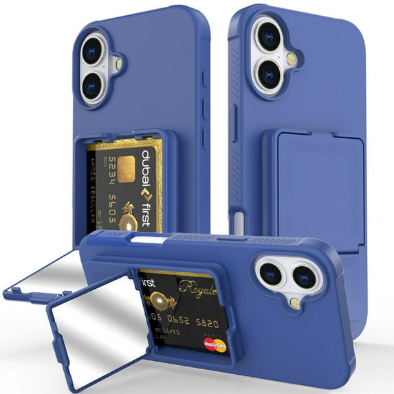 for iPhone 16 Case Wallet, with Card Holder Slot (4-5 Cards), Built-in Make-up Mirror, Military Drop Protection, Rugged Heavy Duty Hybrid Protective Phone Case for iPhone 16, Blue