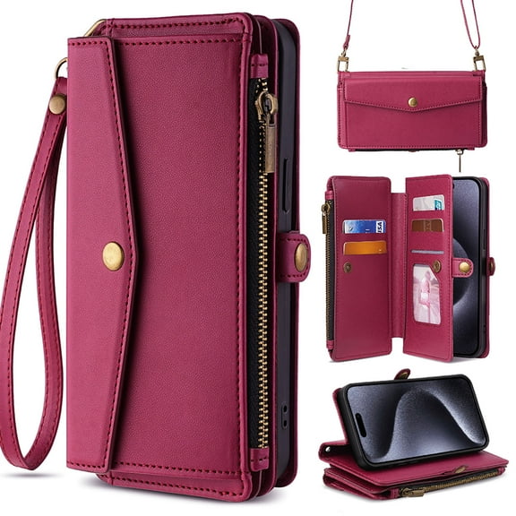 for iPhone 16 Case Wallet with Card Holder Zipper Bills Slot, Soft PU Leather Detachable Shoulder Strap and Wrist Strap Kickstand for iPhone 16 Rugged Cover, Red