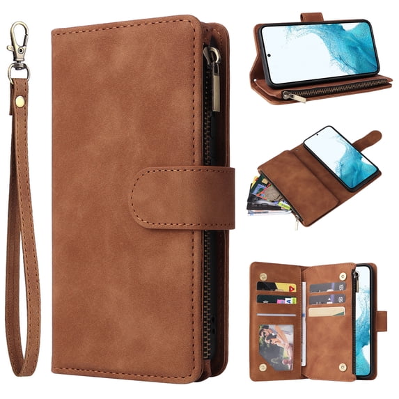 for iPhone 16 Case, Wallet Case with Zipper for Women/Men, PU Leather Magnetic Flip Kickstand Wrist Strap Zipper Card Holder Phone Cover for iPhone 16, Brown