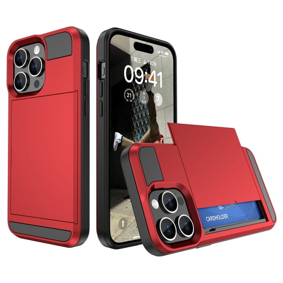 for iPhone 16 Case Wallet Credit Card Holder ID Slot Sliding Door Hidden Pocket Men Women Anti-Scratch Dual Layer Hybrid Bumper Armor Protective Shell Back Cover,Red