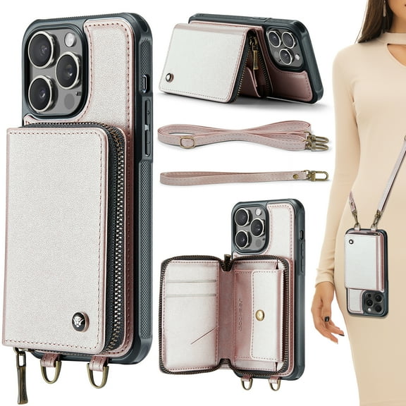 for iPhone 16 Case Wallet, Crossbody Zipper Purse Handbag with RFID Blocking Card Slots Kickstand, Detachable Shoulder Lanyard Flip Style PU Leather Shockproof Case for iPhone 16,Rosegold