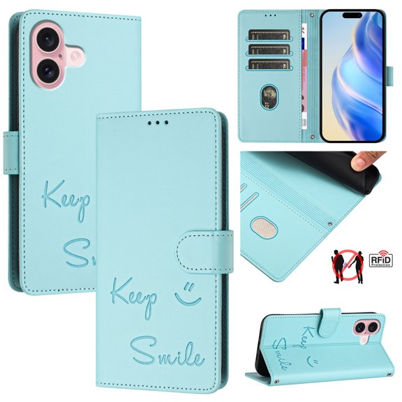 for iPhone 16 Case Wallet with RFID Blocking Card Holder, Shoulder Strap & Wrist Strap, Smile Pattern PU Leather Magnetic Clasp Flip Wallet Phone Case for iPhone 16, Mint