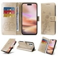 thumbnail image 1 of For iPhone 16 Case Wallet, Stylish Flower Butterfly Embossed PU Leather Flip Cover Stand Shockproof Cards Slots Hand Wrist Phone Case for Apple iPhone 16, Gold, 1 of 11