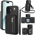 thumbnail image 1 of for iPhone 16 Case Wallet for Women, Removable Adjustable Shoulder Strap Flip PU Leather Slim Back Zipper Purse Case with Card Slot Holder Stand RFID Blocking Magnetic Buttons, Black, 1 of 8