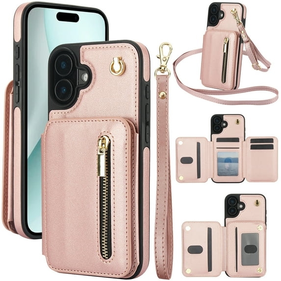 for iPhone 16 Case Wallet for Women, Removable Adjustable Shoulder Strap Flip PU Leather Slim Back Zipper Purse Case with Card Slot Holder Stand RFID Blocking Magnetic Buttons, Rosegold