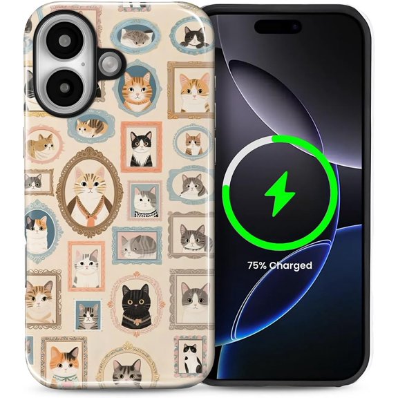for iPhone 16 Case for Women Girl Men Boy, Compatible with MagSafe, Shockproof Soft Silicone & Hard PC Shell Protective Case for iPhone 16 - Cute Cat Selfie Frame