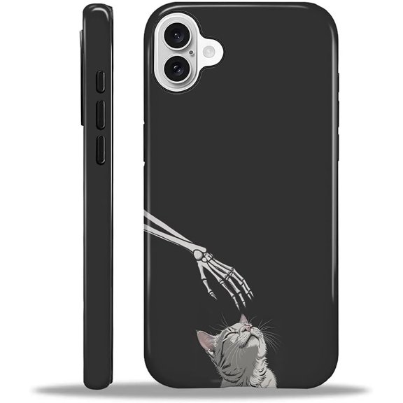 for iPhone 16 Case for Women Girl Men Boy, Compatible with MagSafe, Shockproof Soft Silicone & Hard PC Shell Protective Case for iPhone 16 - Skeleton Hand and Cat