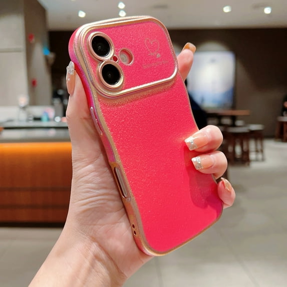 for iPhone 16 Case for Women & Girls, Cute Wave Design with Curly Shape, Heart Pattern, Raised Camera Protection, Luxury Plating, Shockproof Protective Phone Cover, Red