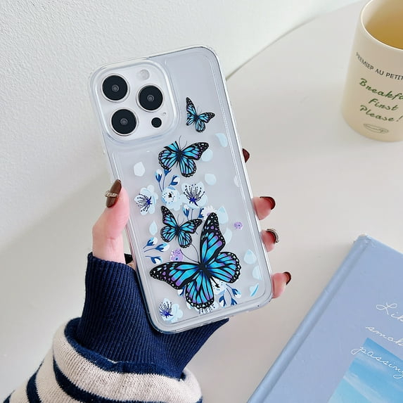 For iPhone 16 Case for Women Girls, Stylish Back Cover Soft TPU Shockproof Drop Protective Slim Fit Anti-Scratch Bumper Phone Case for Apple iPhone 16, Blue Butterfly