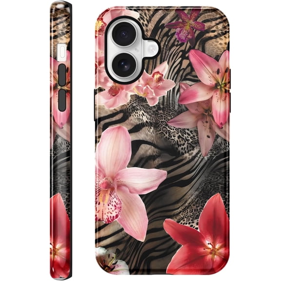 for iPhone 16 Case Zebra Leopard Print, Cute Aesthetic Zebra Cheetah Phone Case, Luxury Trendy Animal Hibiscus Design, Slim Shockproof Striped Glossy Protective Phone Cover for Women Girls