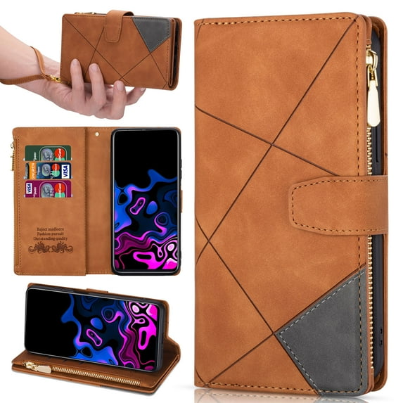 for iPhone 16 Case Zipper Wallet with 9 Card Holder, iPhone 16 Case for Women Men, Strap Wristlet Wristband Magnetic Closure Kickstand Flip Phone Cover for iPhone 16, Brown