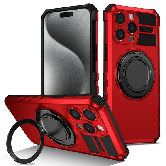 For iPhone 16 Case, iPhone 16 Case with Invisible Stand, Military Grade Protective Cases with Ring[Adjustable & Foldable] ,Magnetic for iPhone 16 case,Shockproof,Red