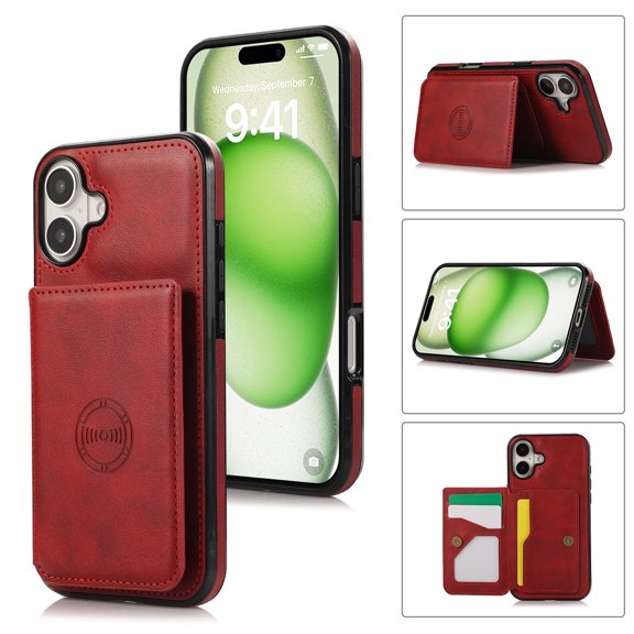 for iPhone 16, Classic PU Leather Case with Magnetic Clasp Card Slots Stand Function Durable Shockproof Soft TPU Phone Case Back Cover with Car Magnetic for iPhone 16, Red